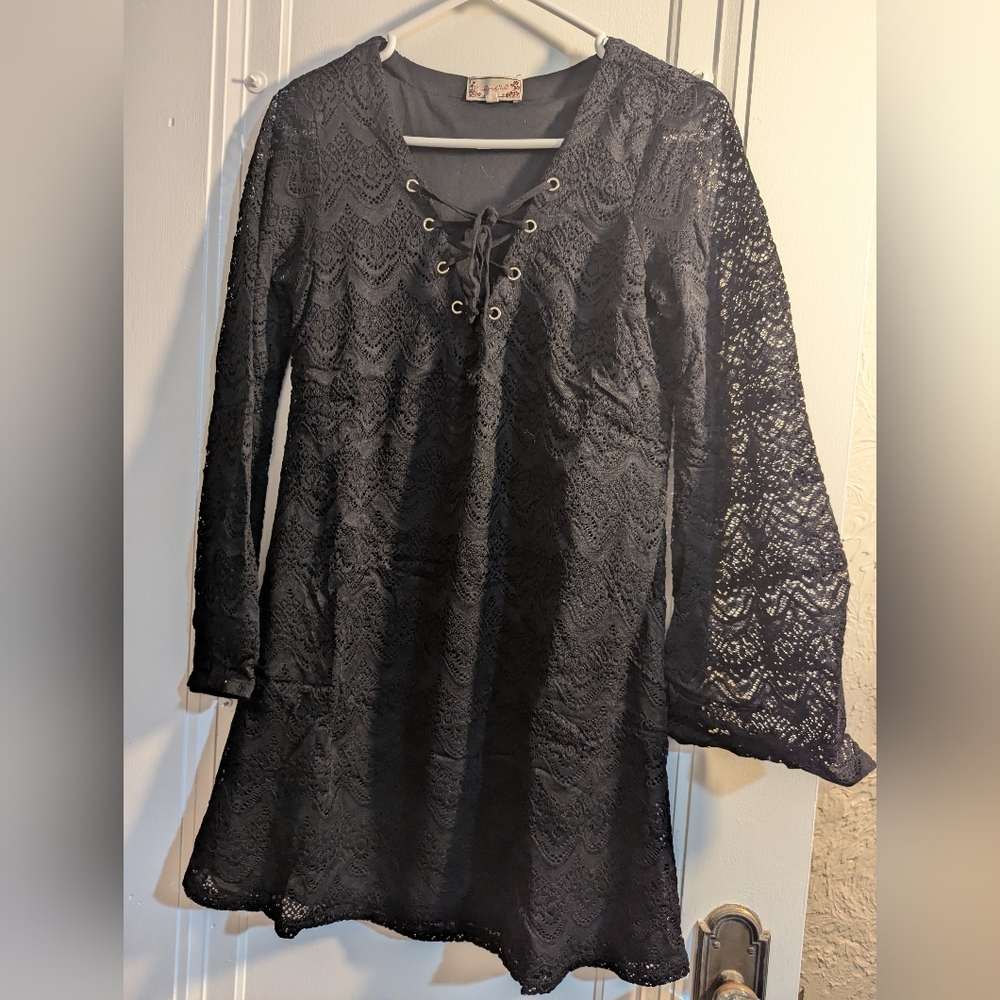 Black Lace-Up Long Sleeve Dress